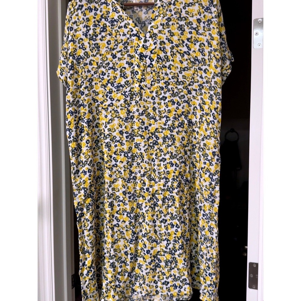 Floral Short Sleeve Shift Dress Yellow Navy Blue‎ Pockets Lenzing Ecovero XL